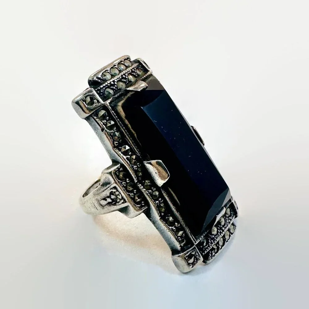 Art Deco Ring, Sterling Silver, Marcasite, Black Stone, Vintage, Antique, Long - Picture 2 of 5